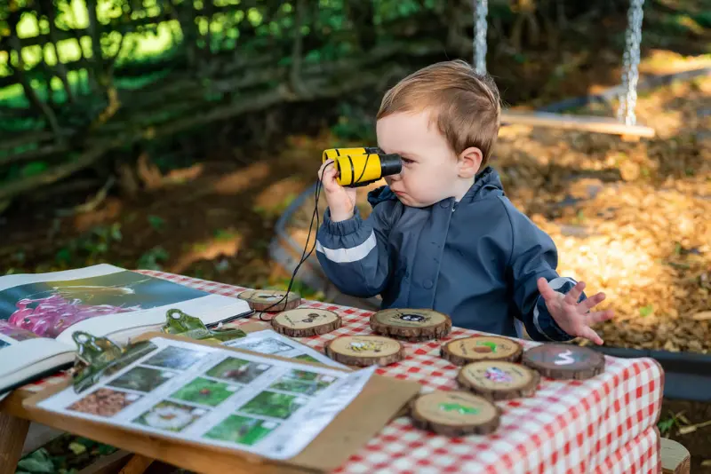 Litle boy looking through some binoculars hunting minibeasts